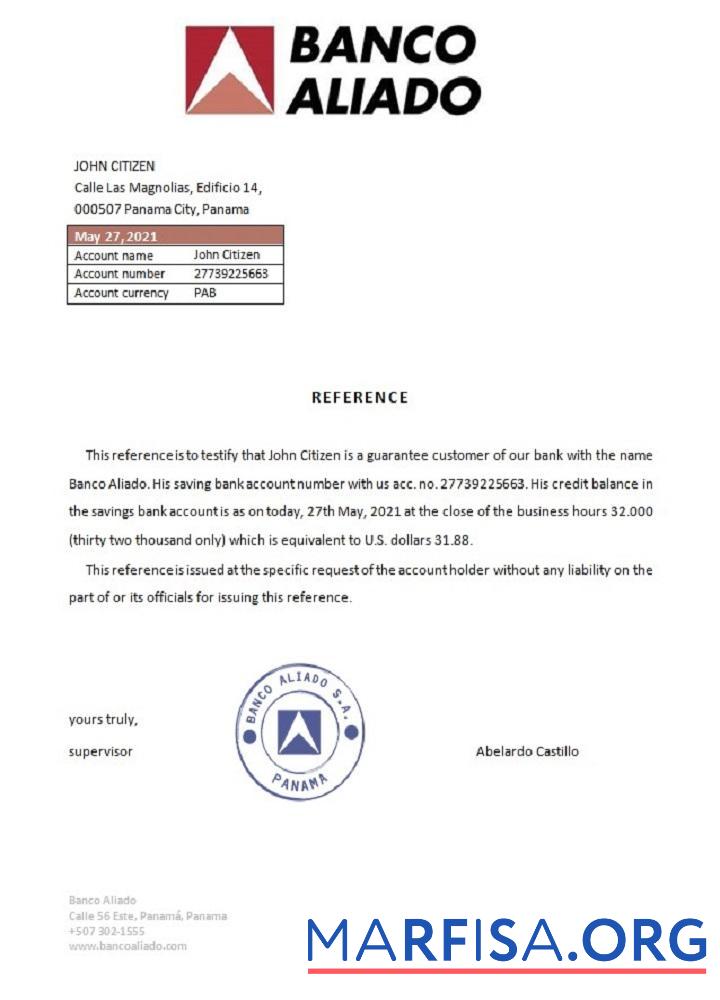 Printable Panama Banco Aliado reference example